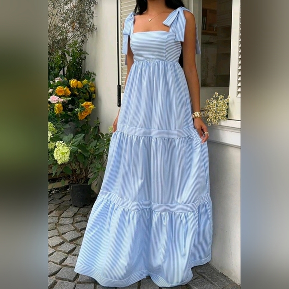 New Boho Striped Tie Shoulder Tiered Maxi Dress Blue White - Picture 5 of 8